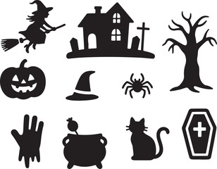 Halloween Vector Elements Silhouette. halloween icons set. Design of witch, creepy and spooky elements for halloween decorations. Vector illustration