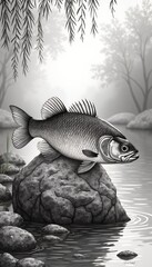 Monochrome Fish on Rock in Calm Water