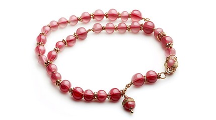 Obraz premium Elegant Round Pink Quartz Stone Beads Necklace with Golden Decoration on White