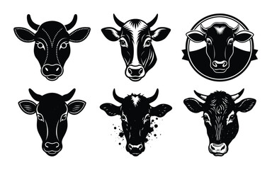 black and white cow head vector set on white background