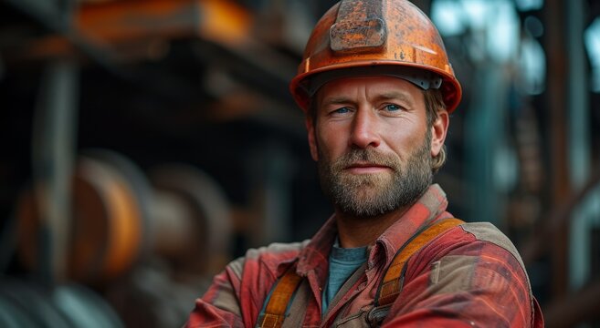 A rugged man wearing a safety helmet stands confidently on a construction site, embodying dedication and hard work in a dynamic industrial environment with machinery in the background.