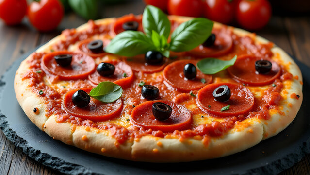 Delicious pepperoni pizza with olives and fresh basil served on a dark slate table