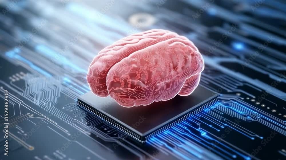 Poster digital brain: a surreal depiction of a human brain fused with advanced technology, signifying innov
