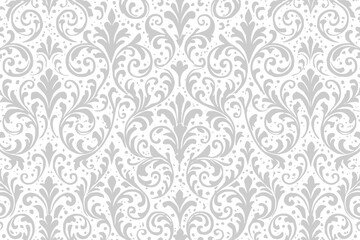 Baroque damask seamless wallpaper with white and grey floral pattern.