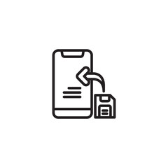 Obraz premium A sleek line icon shows a smartphone with an arrow pointing from a floppy disk into it, symbolizing data restoration, transferring files to a phone, or mobile data import.