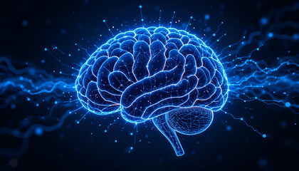 Fototapeta premium > Futuristic glowing digital brain with flowing neural network lines, data particles in the background, dark tech blue color scheme, concept art for AI and machine learning – minimalistic stock illust