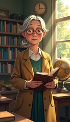 Charming Elderly Woman Reading a Book in a Library