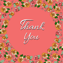 Thank You Roses With Leaves and Buds Vignette. Red and Orange Flowers on Pink Background. Vector Round Vignette