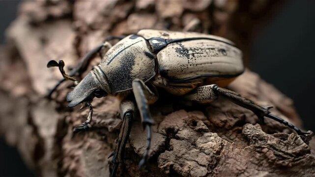 Macro shot of goliath beetle crawling on rough tree bark