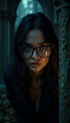 Mysterious Woman with Glasses Hiding Behind a Column