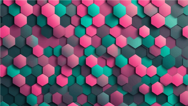 Abstract geometric background pattern composed of uniform hexagonal tiles arranged in a grid. The pattern features a diagonal color gradient transitioning from greenish-pink teal.