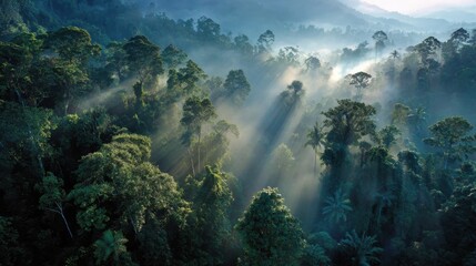 Fototapeta premium Sunlight Breaking Through Tropical Rainforest Canopy 
