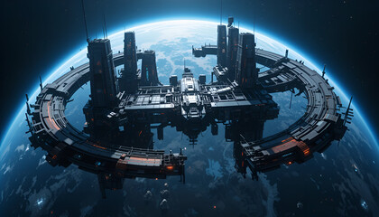 > Massive orbital space station circling Earth, realistic lighting, high-tech design, Earth’s blue glow in background, sci-fi epic scale, ultra-detailed – stock-friendly cinematic scene