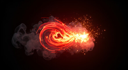 A swirling vortex of red and orange fire with sparks and smoke against a dark background scene