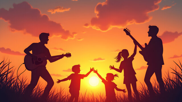 Joyful music under the sunset sky with friends