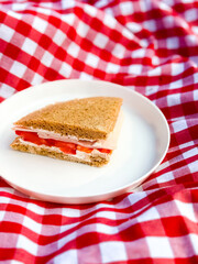 Ham and cheese sandwich on white plate with red checkered picnic blanket