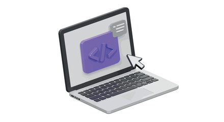 Isometric laptop with code icon and cursor symbolizing programming vector illustration