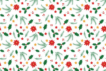 Seamless vector pattern with holly branches, poinsettia flowers, fir twigs, and stars. Elegant festive design perfect for Christmas wrapping paper, textiles, backgrounds, and seasonal decorations.