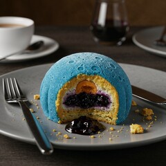 Artistic moon cake dessert with vibrant blue color, jelly filling, creative culinary presentation