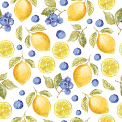 watercolor lemon and blueberry pattern seamless design for textile fabric wallpaper background art print. fresh summer fruit design. vibrant colors and hand drawn elements