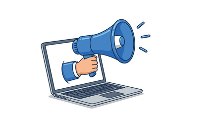 Hand holding megaphone emerging from laptop screen for online announcement concept vector illustration