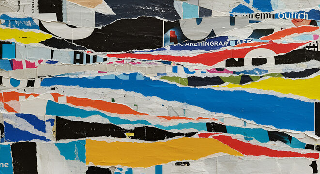Close up of layered and torn posters with vibrant colors revealing abstract shapes and textures - Powered by Adobe