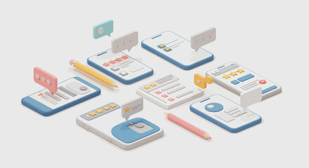 Digital workspace concept with mobile interface elements and office supplies vector illustration