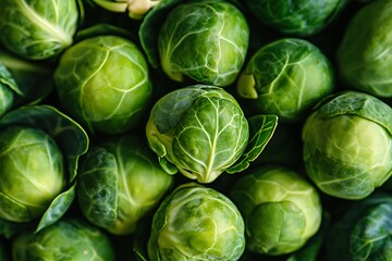 Fresh Green Brussels Sprouts Heap CloseUp Texture, Healthy Diet Ingredient, Overhead