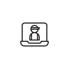 A clean line icon shows a laptop with a masked figure on its screen, symbolizing cybercrime, hacking, online theft, or an anonymous user.