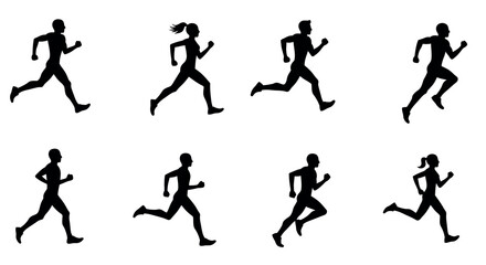 Silhouettes of male and female runners engaged in various running poses vector illustration