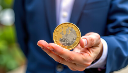 Hand Holding Euro Coin in Business Suit