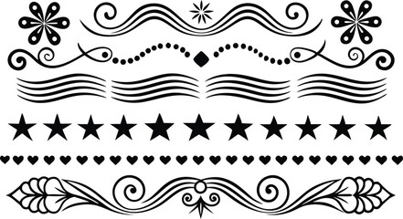 Fototapeta premium Black and white decorative elements borders lines stars hearts and floral flourishes for design use