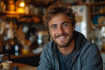 Fototapeta premium A handsome young man with a beard and a cheerful smile sits in a cozy kitchen, surrounded by rustic decor and warm lighting, showcasing a relaxed and inviting atmosphere.