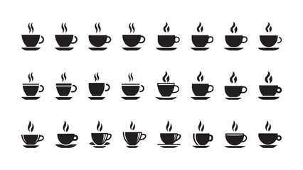 Black silhouette Hot espresso cappuccino cups and steaming coffee mugs set for breakfast
