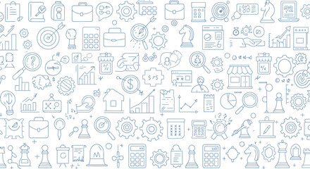 Seamless pattern of business icons and office tools in blue outline vector illustration