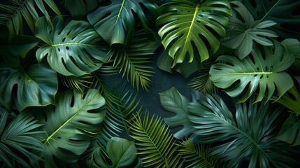A lush arrangement of various leaves creates a vibrant and lively green pattern, evoking a feeling of nature’s beauty and refreshing tranquility in an artistic composition.