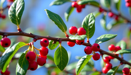 Bright Red Berries with Green Leaves