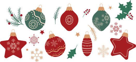 Craft style vector set of Christmas elements including stars, baubles, fir branches, holly twig, stars and snowflakes. Simple festive collection perfect for holiday cards, decor, and designs.