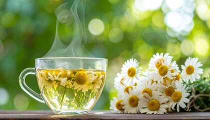 Hot chamomile tea is healthy, healing and natural
