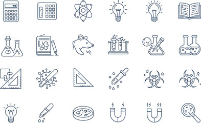 Fototapeta premium Science and education icons featuring laboratory equipment and atomic symbols vector illustration