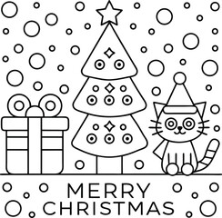 Whimsical Christmas Cat with Hat, Gift, Tree, and Bubbles Line Art