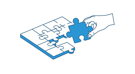 Hand placing puzzle piece into incomplete puzzle on white background vector illustration