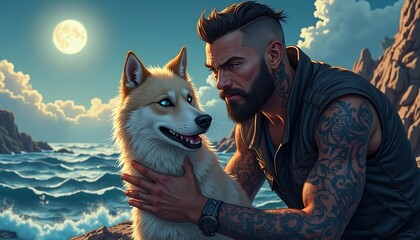 Bearded Man with Husky Dog by the Ocean at Night