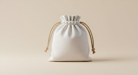 A simple white drawstring bag with brown cords on a pale background in a studio setting