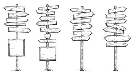 Hand-drawn directional signs on wooden posts in black and white vector illustration