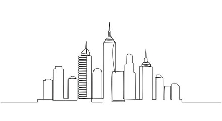 Minimalist city skyline illustration with iconic skyscrapers in black line art vector illustration