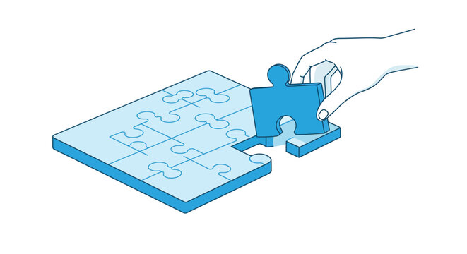 Hand placing final puzzle piece on blue jigsaw puzzle board vector illustration