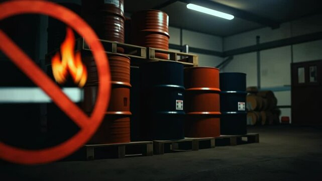 Red prohibition sign with flame symbol near chemical barrels in industrial storage facility. Fire safety warning preventing ignition hazards around flammable materials. Emergency prevention