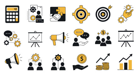 Financial and business icons illustrating growth and teamwork in yellow and black vector illustration