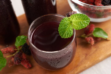 Mulberry Shrub, Juice or liqueur in glass bottles, mulberry juice for health, reduce cholesterol,...